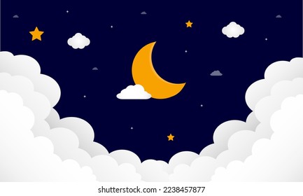 Sweet dreams. Crescent moon, clouds and stars on night background. Vector illustration.