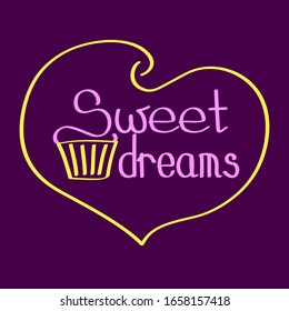 Sweet Dreams Cupcake Pink Yellow Background Candy Bar Logo Lettering Confectionery Cafe Birthday Happy Love Party Cream Muffin Print Label Shop Sugar Banner