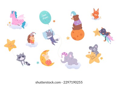 Los dulces sueños de los lindos animales bebés ilustran el vector. Caricatura soñadora colección de personajes con raccoon hedgehog elefante gato koala conejil lobo con luna, nubes y estrellas