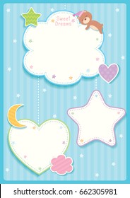 Sweet dreams cute card design with cloud, star,moon,heart and sleeping bear for template frame on vertical side and blue background colors.