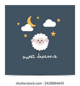 Sweet dreams - cute card, poster, template, label with a white sheep on the starry dark blue background 