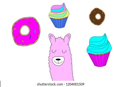 sweet dreams. Cute cartoon pink llama, cupcakes and donuts. vector illustration