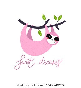 sweet dreams. cute cartoon sloths, hand drawn lettering, decor elements. Colorful vector illustration, flat style for kids. baby design for cards, print on t-shirt, poster 