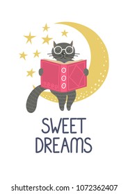 Sweet dreams. Cute clever cat reading on the moon on white background. Vector illustration.