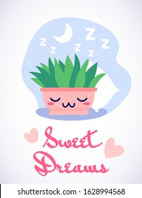 Sweet dreams cute greeting card with kawaii sleeping plant and ZZZ text in flat style.