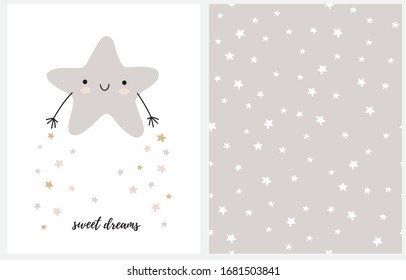 Sweet Dreams. Cute Nursery Art With Gray Smiling Little Star Isolated On A White Background. Kawaii Style Vector Illustration. Starry Light Gray And White Vector Pattern.White Stars Ona A Gray Layout.