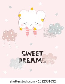 Sweet dreams cute pastel card with lovely cloud. Vector hand drawn illustration.