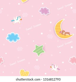 Sweet dreams cute seamless pattern design decorated with cloud, star,moon,heart and sleeping bear for baby bedroom wallpaper on pink background