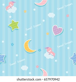 Sweet Dreams Cute Seamless Pattern Design Decorated With Cloud, Star,moon,heart And Sleeping Bear For Baby Bedroom Wallpaper.