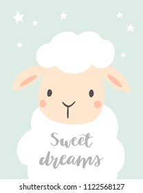 Sweet Dreams. Cute sheep with stars. Girl or boy baby shower. Design for baby, kids poster, nursery wall art, card, invitaton. 