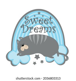 Sweet dreams - cute sleeping cat on pastel blue rainbow. Good for baby room decor, label, poster, textile print, and other gifts design.