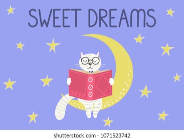 Sweet dreams. Cute smart white cat reading on the moon under blue starry sky. Story time, bedtime stories concept. Vector illustration.