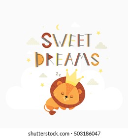 Sweet dreams. Cute vector illustration with  little sleeping lion. Child. Baby.