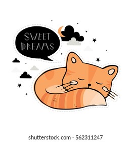 Sweet dreams. Cute vector illustration with  little sleeping cat. Child. Baby. Hand-drawn kitten.