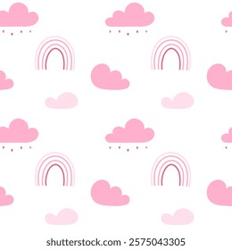 Sweet dreams and daydreams. Romantic pink rainbow and clouds with raindrops and hearts, simple place romantic pattern with clouds and rainbow. Cute cozy background in warm pink tones on white backgrou