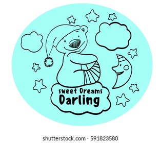 sweet dreams dear, drawing funny bear, month, stars, clouds, night, circle, cap, socks, stripes