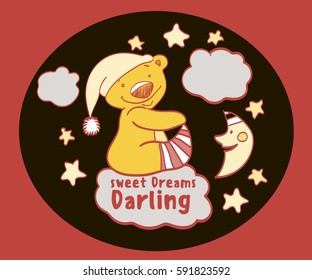 sweet dreams dear, drawing funny bear, month, stars, clouds, night, circle, cap, socks, stripes