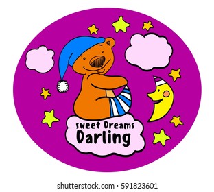 sweet dreams dear, drawing funny bear, month, stars, clouds, night, circle, cap, socks, stripes