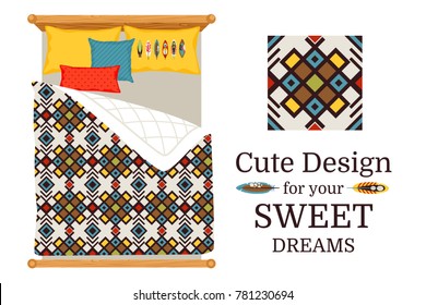 Sweet dreams deisgn bed sheets with decorative geometric ornamental pattern, and pattern piece, vector illustration