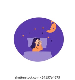 Sweet dreams design elements for banner and background. A woman sleeps in bed lying on a pillow and covered with a blanket. Vector hand drawn flat illustration. 