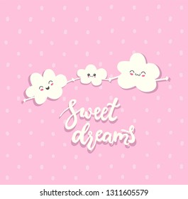 Sweet Dreams. Draw seamless pattern background with sky, family cloud, emotion and text, many details. Can use for printing, website, presentation element, textile. Vector illustration.