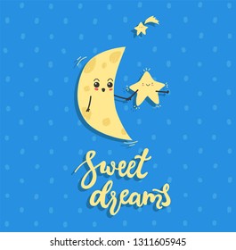 Sweet Dreams. Draw seamless pattern background with sky, emotion, stars, moon, luna and text, many details. Can use for printing, website, presentation element, textile. Vector illustration.
