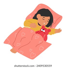 Sweet Dreams Envelop A Peaceful Scene As A Cute Child Sleeps In Bed And Cuddly Stuffed Teddy Bear. Little Girl Character Sleeping with Animal Toy. Isolated Cartoon People Vector Illustration