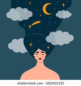 Sweet dreams or fantasy concept. Beautiful young girl with long hair sleeping. Dark night sky, moon, stars and constellations. Trendy romantic flat vector illustration with a female character