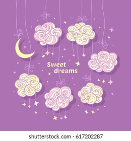 Sweet dreams. Funny curly clouds and moon hanging on the ropes with bows on the starry night sky. Set of cute hand drawn elements for kids design on violet background.