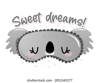 Dulces sueños - garabatos graciosos dibujados a mano. máscara para dormir, estrellas, corazones. Fondo de dibujos animados, textura para las sábanas, pijamas. Un oso de coala adorable durmiendo máscaras con largos latigazos.