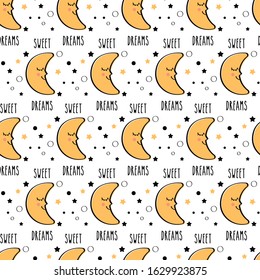 Sweet Dreams. Funny image of a moon with a face. Moon children's pattern with stars. Editable vector.