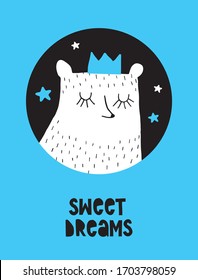 Sweet Dreams. Funny Infantile Style Nursery Vector Art ideal for Card, Wall Art, Decoration. Cute White Polar Bear in a Blue Crown. Teddy Bear in a Round Shape Frame Isolated on a Blue Background.
