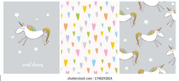 Sweet Dreams. Funny Nursery Vector Illustration and Patterns. Cute Dreamy Unicorn Isolated on a Light Gray Background. Seamless Irregular Vector Pattern with Colorful Hand Drawn Hearts on a Off-White.