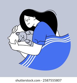 Sweet dreams, girl is sleeping with cat. Cartoon style happy woman. Flat vector sticker