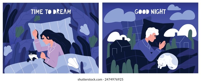 Sweet dreams and good night concept. Banners with relaxed man and woman lying on soft pillow and falling asleep. Healthy sleep and recovery. Cartoon flat vector illustration set isolated on background