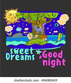 Sweet dreams, good night, illustration sleeping animals, cat, snail, mushroom, owl, chicks, birds, sun, moon, sea, island, tree, candy, squirrel, butterfly, month, sweets