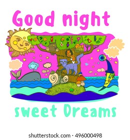 Sweet dreams, good night, illustration sleeping animals, cat, snail, mushroom, owl, chicks, birds, sun, moon, sea, island, tree, candy, squirrel, butterfly, month, sweets