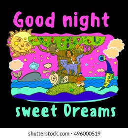 Sweet dreams, good night, illustration sleeping animals, cat, snail, mushroom, owl, chicks, birds, sun, moon, sea, island, tree, candy, squirrel, butterfly, month, sweets