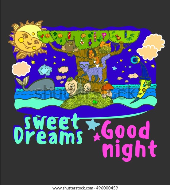 Sweet Dreams Good Night Illustration Sleeping Stock Vector