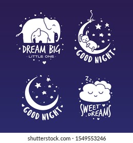 Sweet dreams good night typography set. Sleeping related lettering cute childish inscriptions for pillow prints cards posters. Vector vintage illustration.