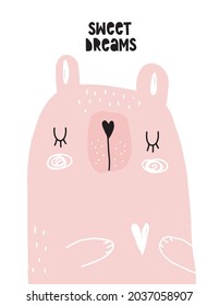 Dulces sueños. Ilustración de vectores dibujados a mano con un Oso Sueño con el Corazón. Impresión de Woodland estilo Infantile ideal para tarjeta, afiche. Sencillo oso rosa claro abstracto aislado en un fondo blanco.