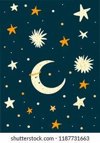 Sweet dreams handdrawn Dark nursery poster with cartoon new half moon character & stars. Magic vector illustration with moon and different elements of space.