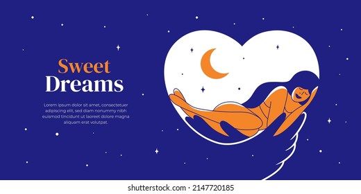 Sweet dreams, healthy sleep, relax time, self body care. Beautiful woman sleeping in starry sky. Female figure in love embrace of night hands. Moon, heart vector illustration. Design layout template