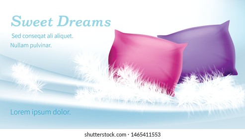 Sweet Dreams Horizontal Banner, Pink and Purple Rectangular Pillows Stand on White Feathers and Silky Bedsheet Background, Cushions for Comfortable Sleep, Relaxation, Realistic 3d Vector Illustration