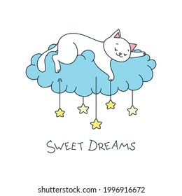 Sweet Dreams. Illustration of a cute white cat lying on a cloud and putting the stars in the sky. Vector 10 EPS.