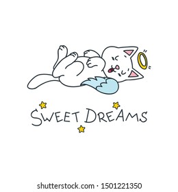 Sweet dreams. Kawaii illustration of a sleeping angel cat. Vector 8 EPS.