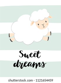 Sweet dreams - kids nursery art poster. Cute sheep on a mint striped background. Baby illustration.  Modern brush calligraphy. Scandinavian style. 