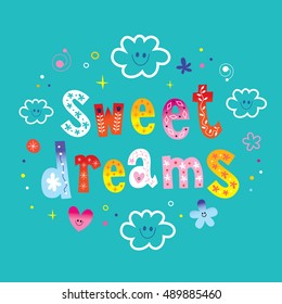 sweet dreams lettering design with cute cloud characters