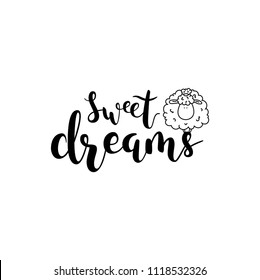 Sweet dreams. Lettering with funny sheep. Vector