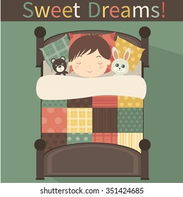 Sweet Dreams. Little boy in bed, sleeping. Vector illustration